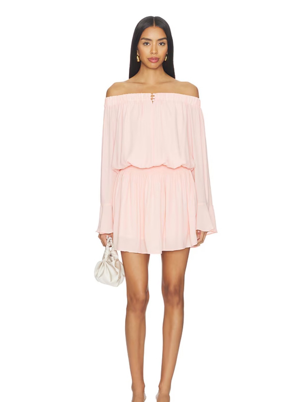 Off-Shoulder Long Sleeve Blouson Mini Dress in Soft Pink
